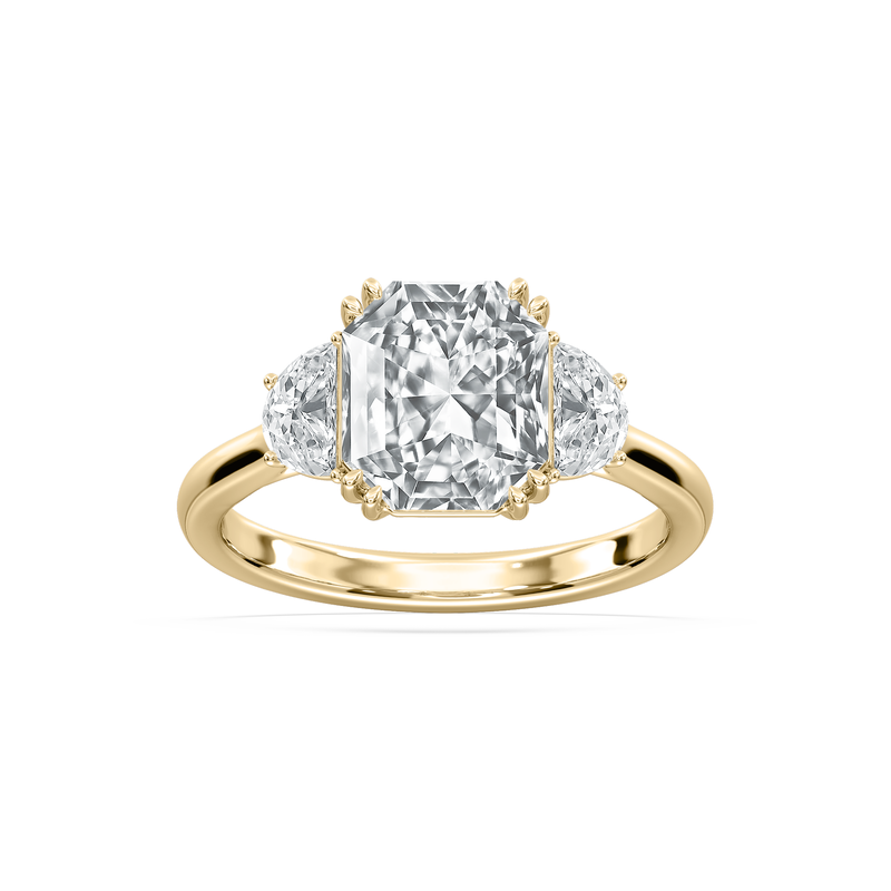 Elongated Octagon Lab Grown Diamond 3 1/2ctw. Three Stone Engagement Ring with Half Moon Diamonds in 14k Yellow Gold image number null