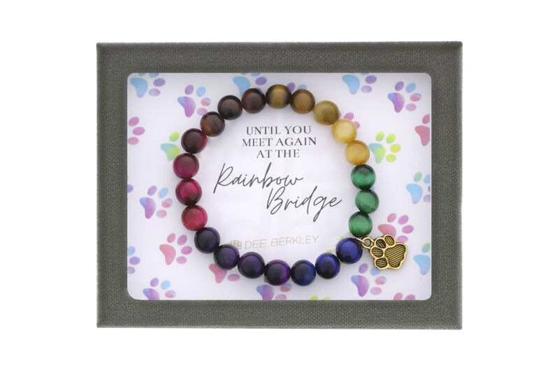 "Until You Meet Again at the Rainbow Bridge" 8mm Multicolor Tigers Eye With Paw Charm 7" Bracelet image number null