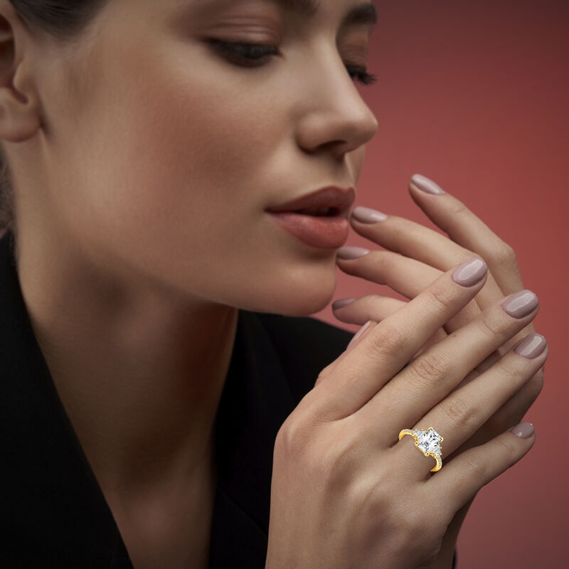 Radiant Lab Grown Diamond 3ctw. Three Stone Engagement Ring in 14k Yellow Gold image number null