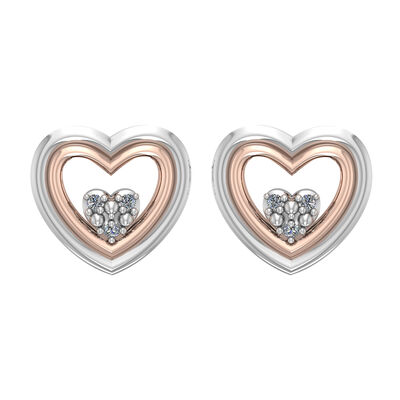 Diamond 0.03ctw. Double Heart Stud Earrings in Rose Gold Plate & Sterling Silver