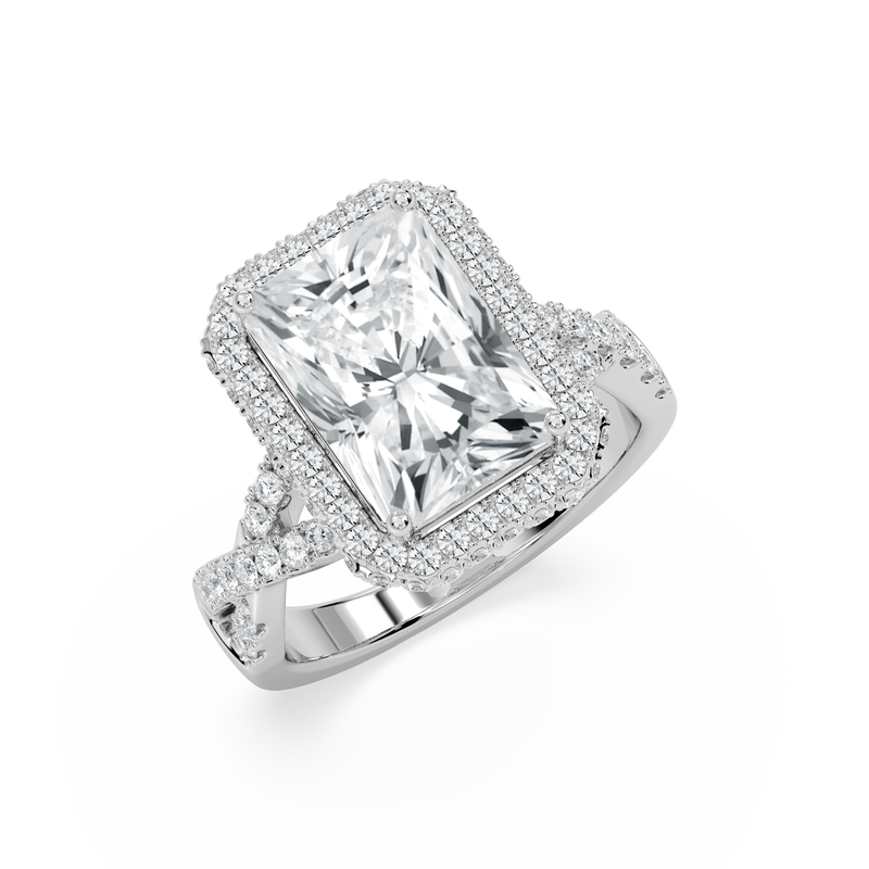 Radiant Lab Grown Diamond 6ctw. Halo Twist Engagement Ring in 14k White Gold image number null
