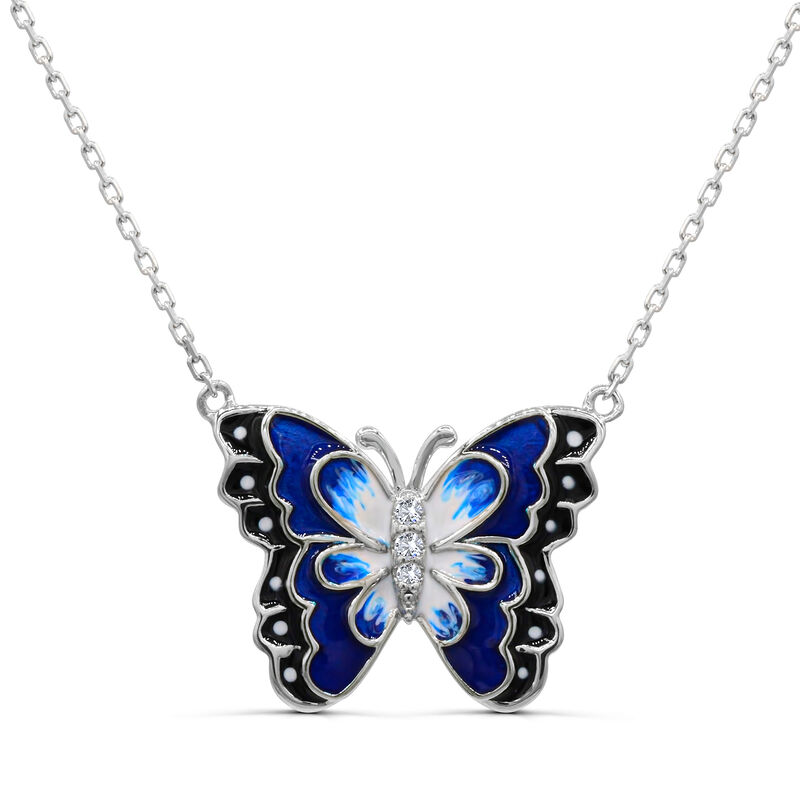 Created White Sapphire Blue Enamel Butterfly Pendant in Sterling Silver image number null