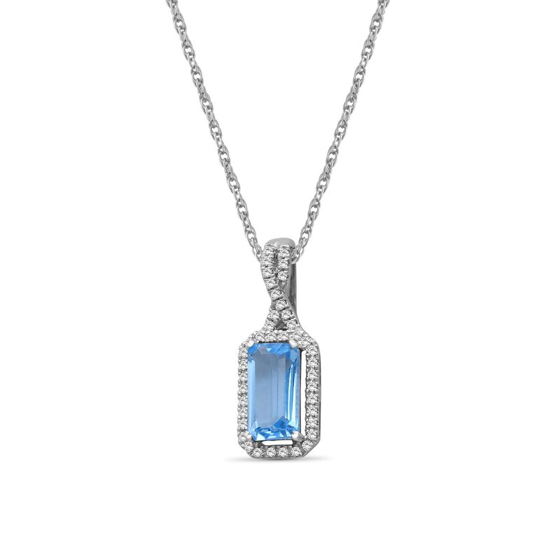 Emerald-Cut Elongated Blue Topaz & Diamond Pendant in 10k White Gold image number null