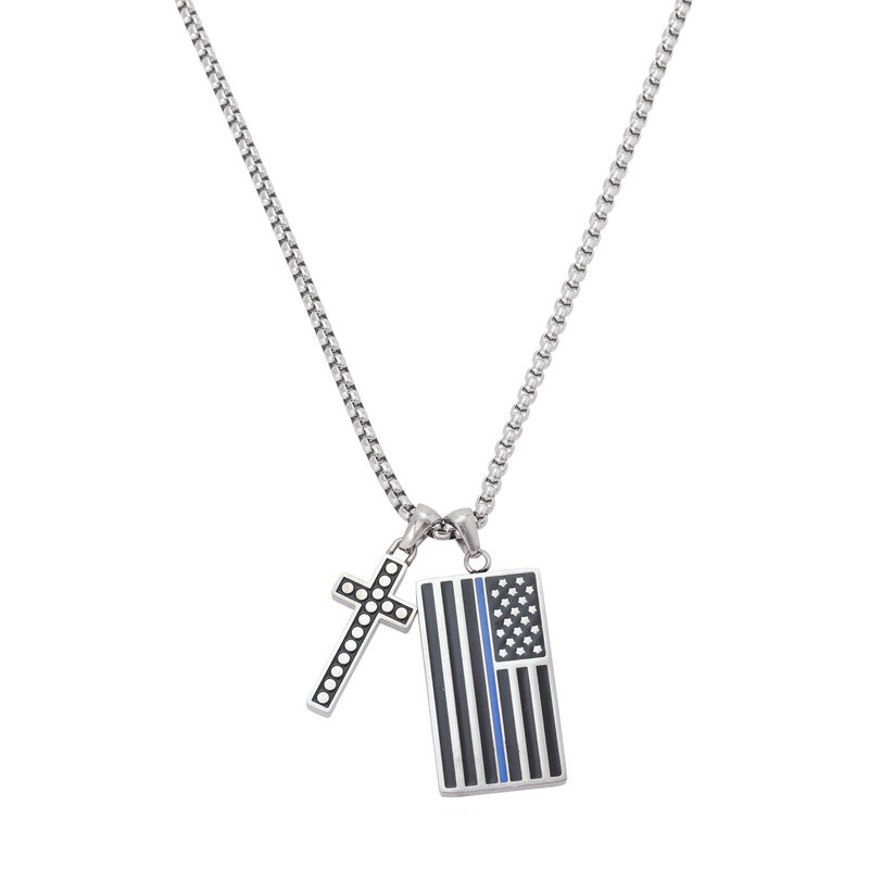 Men's American Flag With Blue Line & Cross Charm With 24" Chain in Stainless Steel image number null
