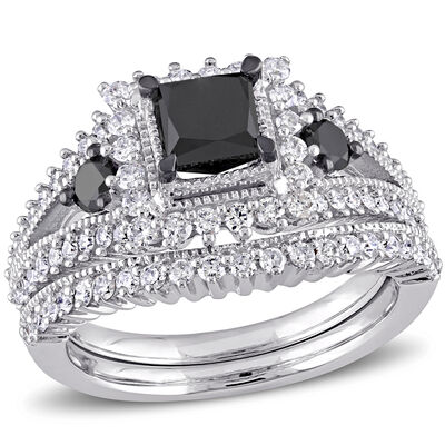 Princess-Cut Black Diamond Halo 2ctw. Engagement Ring + Matching Wedding Band in 10k White Gold