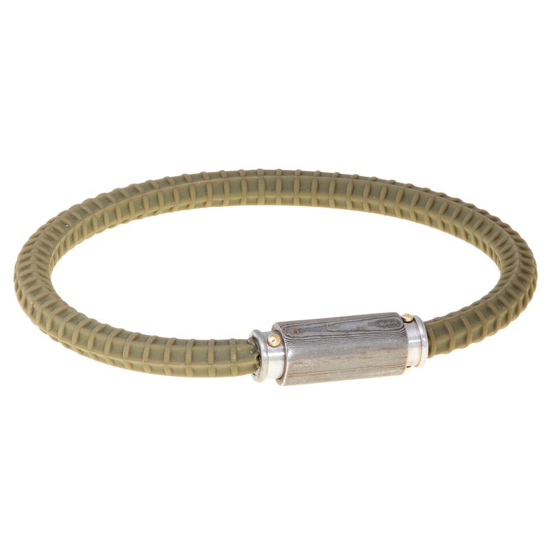 Men's 5mm Damascus Steel and Green Silicone Bracelet in Gold Plated Stainless Steel image number null