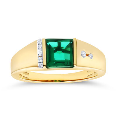 Men's Princess-Cut Created Emerald & Diamond Ring in 10k Yellow Gold