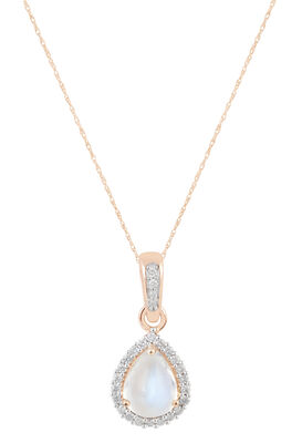 Pear Shaped Rainbow Moonstone & Diamond Pendant in 14k Rose Gold