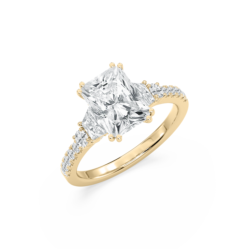 Radiant Lab Grown Diamond 4ctw. Three Stone Engagement Ring in 14k Yellow Gold image number null