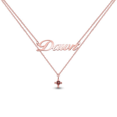 Nameplate Necklace with Birthstone Cross in 10k Rose Gold