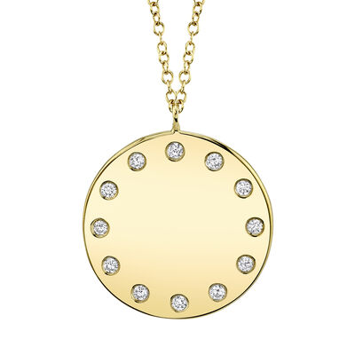 Shy Creation Circle Disc Pendant Necklace with Diamonds in 14k Yellow Gold