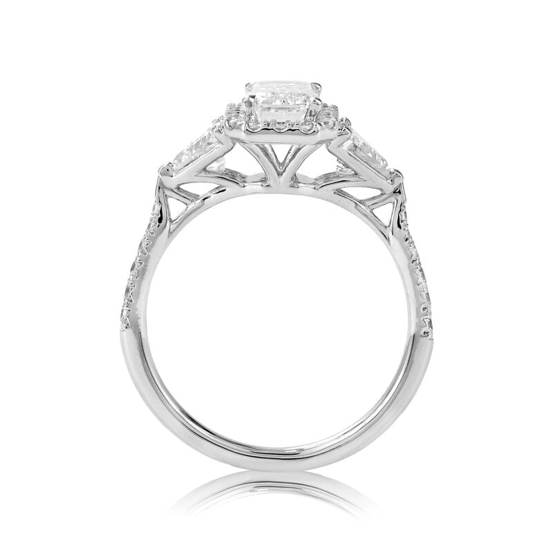 Elongated Emerald Lab Grown Diamond 2 2/5ctw. Halo Three Stone Plus Engagement Ring in 14k White Gold image number null