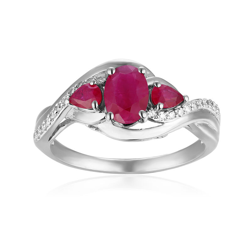 Oval Three-Stone Plus Ruby & Diamond Ring in 10k White Gold image number null