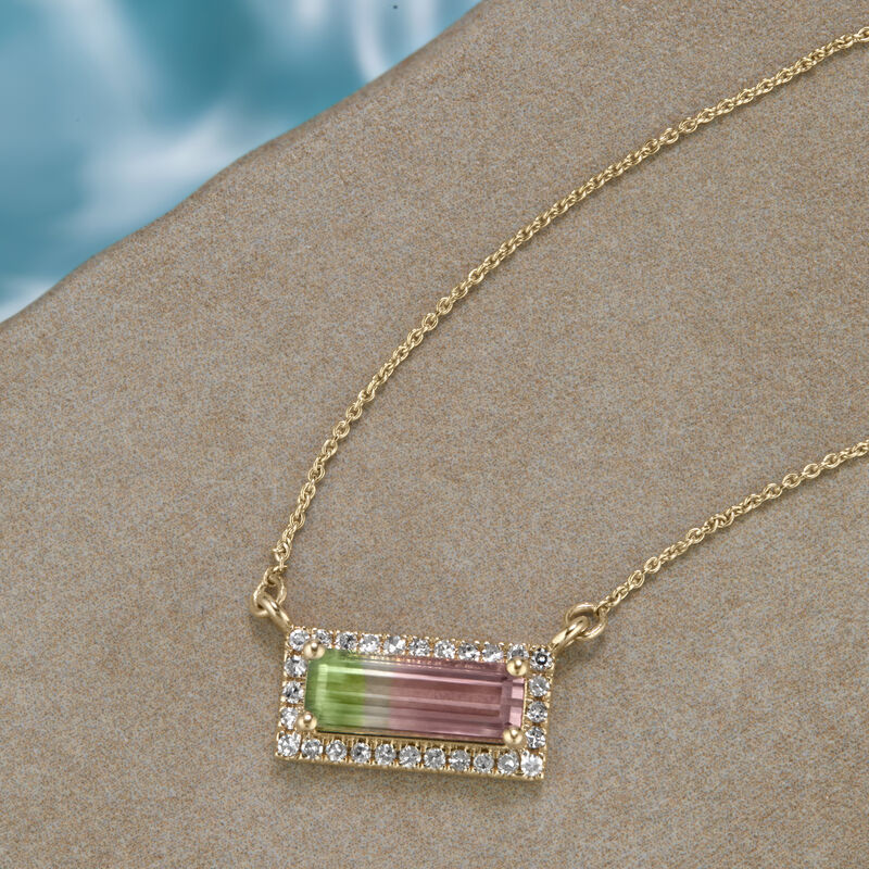 East-West Watermelon Tourmaline Halo Pendant in 10k Yellow Gold image number null