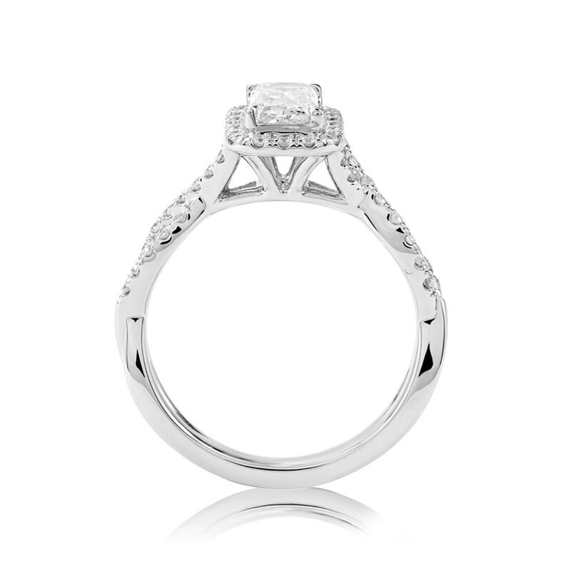 Elongated Radiant Lab Grown Diamond 1 2/5ctw. Halo Twist Engagement Ring in 14k White Gold image number null
