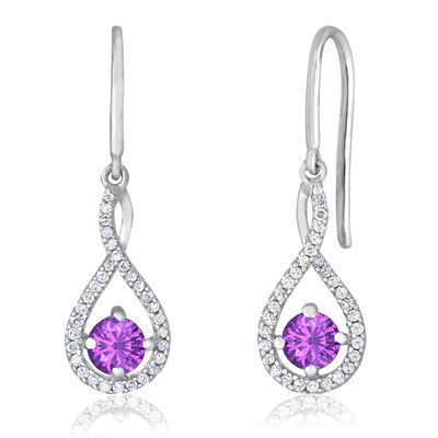 Amethyst Twist Dangle Infinity Diamond Earrings in Sterling Silver