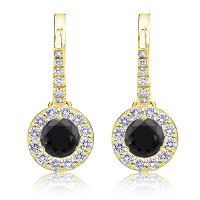 Black Diamond Halo 1 1/2ct. Drop Earrings in 14k Yellow Gold