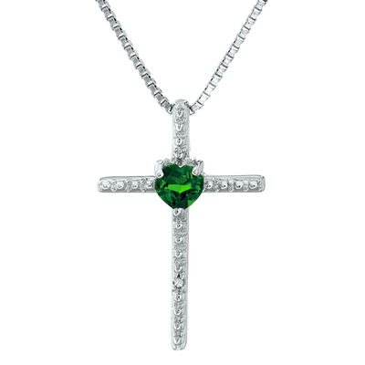 Created Emerald Heart Cross Pendant in Sterling Silver