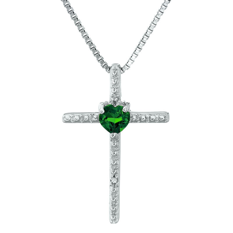 Created Emerald Heart Cross Pendant in Sterling Silver image number null