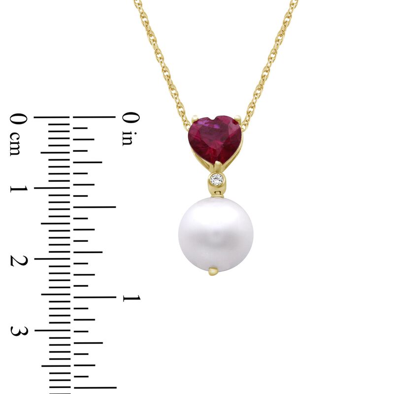 Heart-Shaped Created Ruby Pearl & Diamond Drop Pendant in 10k Yellow Gold image number null