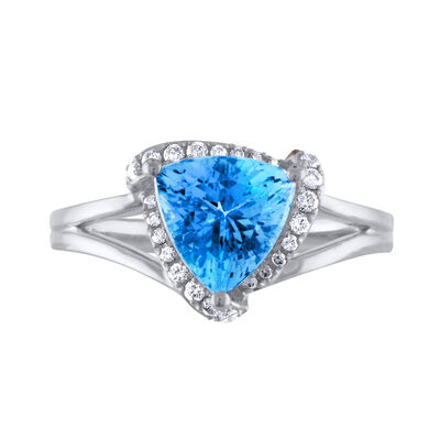 Trilliant-Cut Blue Topaz Diamond Halo Ring in 10k White Gold
