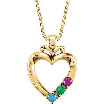 3-Stone Family Heart Pendant in 14k Yellow Gold