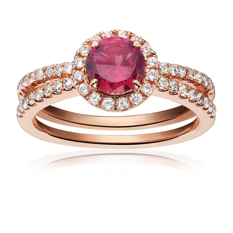 Ruby & Diamond Halo Double Split Shank Ring in 10k Rose Gold image number null
