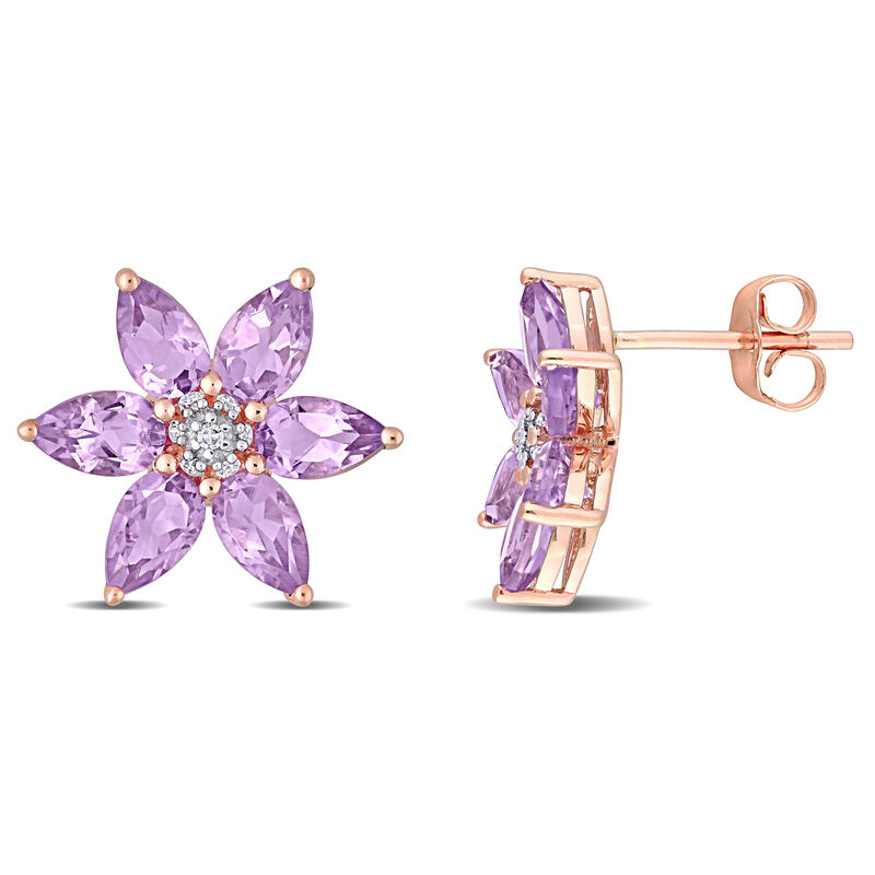 Amethyst & Diamond Floral Stud Earrings in 10k Rose Gold image number null
