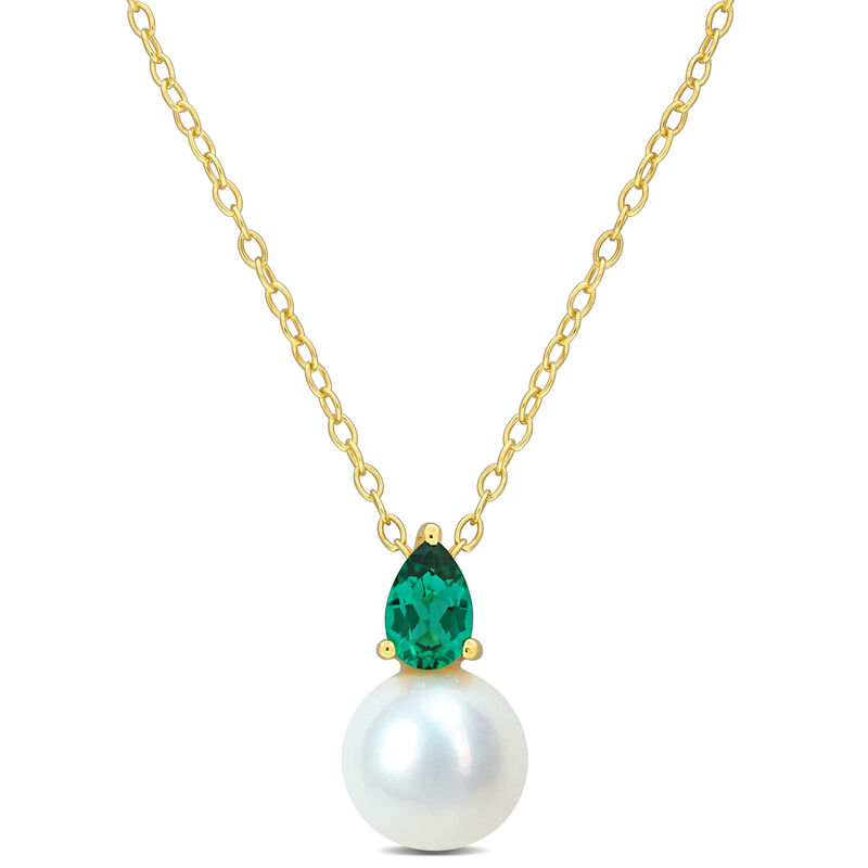 Created Emerald & Freshwater Cultured Pearl Necklace in Gold Plated image number null