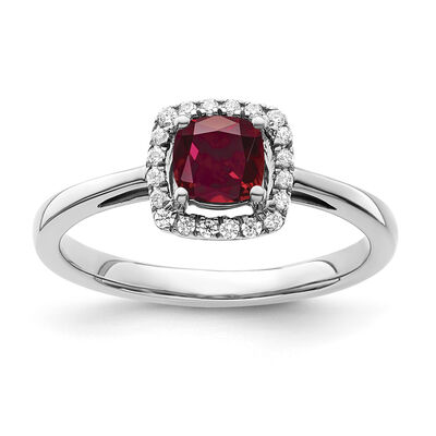 Cushion-Cut Created Ruby & Diamond Halo Ring in Sterling Silver
