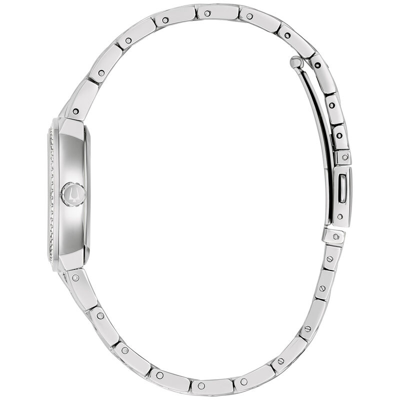 Bulova Ladies Stainless Steel White Mother of Pearl Dial with Crystal Markers Bezel Bracelet 28.5mm & Cross Pendant Crystal Watch Set 96X163 image number null