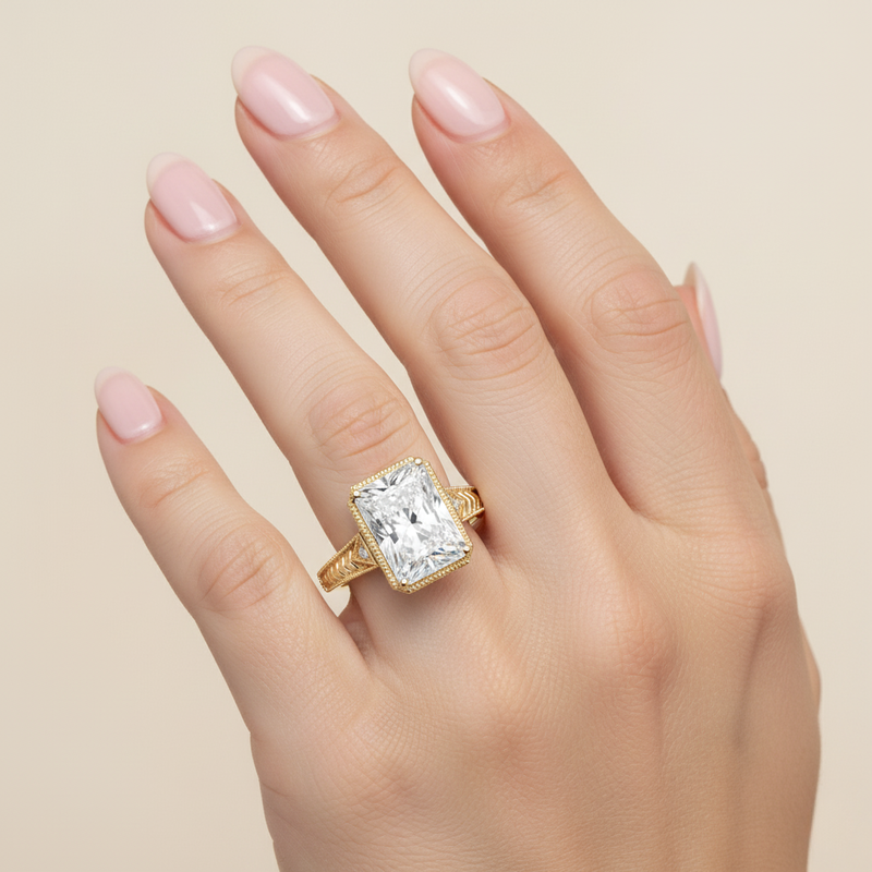 Radiant Lab Grown Diamond 4ctw. Vintage Milgrain Engagement Ring in 14k Yellow Gold image number null