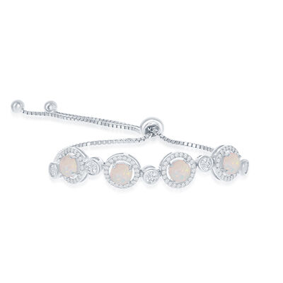 White Opal & Crystal Halo Sterling Silver Bolo Bracelet