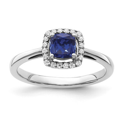 Cushion-Cut Created Blue Sapphire & Diamond Halo Ring in Sterling Silver