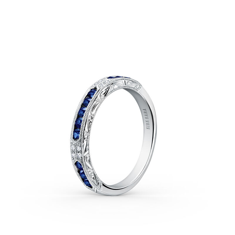 Art Deco Blue Sapphire and Diamond Hand Engraved Band in 18k White Gold K1390SD-B image number null