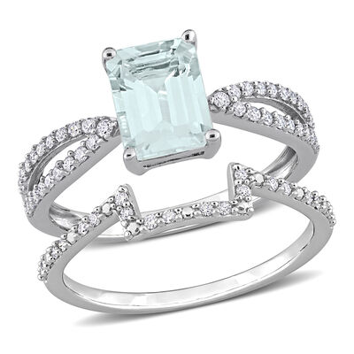 Emerald-Cut Aquamarine & Diamond Bridal Set in 14k White Gold