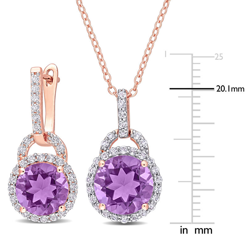Amethyst & White Topaz Halo Earring & Pendant Set in Rose Gold Plated Sterling Silver image number null