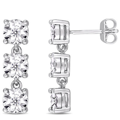 Diamond Triple Square 3-Tier Earrings 1/6ctw in Sterling Silver