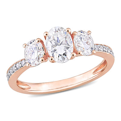 Oval 3-Stone & Round Moissanite Ring in 10k Rose Gold