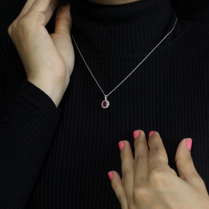 Emerald-Cut Ruby & Diamond Halo Pendant in 10k White Gold image number null