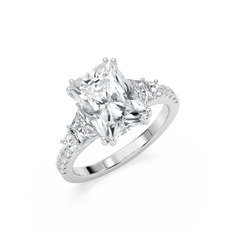 Radiant Lab Grown Diamond 5 1/4ctw. Three Stone Engagement Ring in 14k White Gold image number null