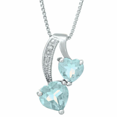 Heart Created Aquamarine Diamond Sterling Silver Pendant 18"