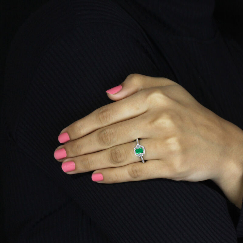 Emerald-Cut Emerald & Diamond Halo Ring in 10k Yellow Gold image number null