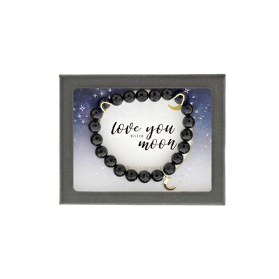 "Love You to The Moon" Shiny Black Agate Bracelet in Sterling Silver/Gold Plated