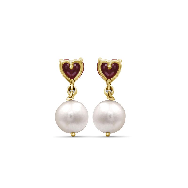 Heart-Shaped Created Ruby Pearl & Diamond Drop Earrings in 10k Yellow Gold image number null