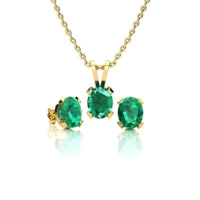 Oval-Cut Emerald Necklace & Earring Jewelry Set in 14k Yellow Gold Plated Sterling Silver