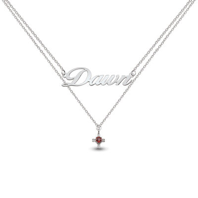 Nameplate Necklace with Birthstone Cross in Sterling Silver