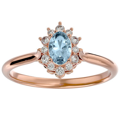 Oval-Cut Aquamarine & Diamond Halo Ring in 14k Rose Gold
