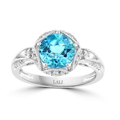 Maddie. Blue Topaz & Diamond Antique Ring in 14k White Gold