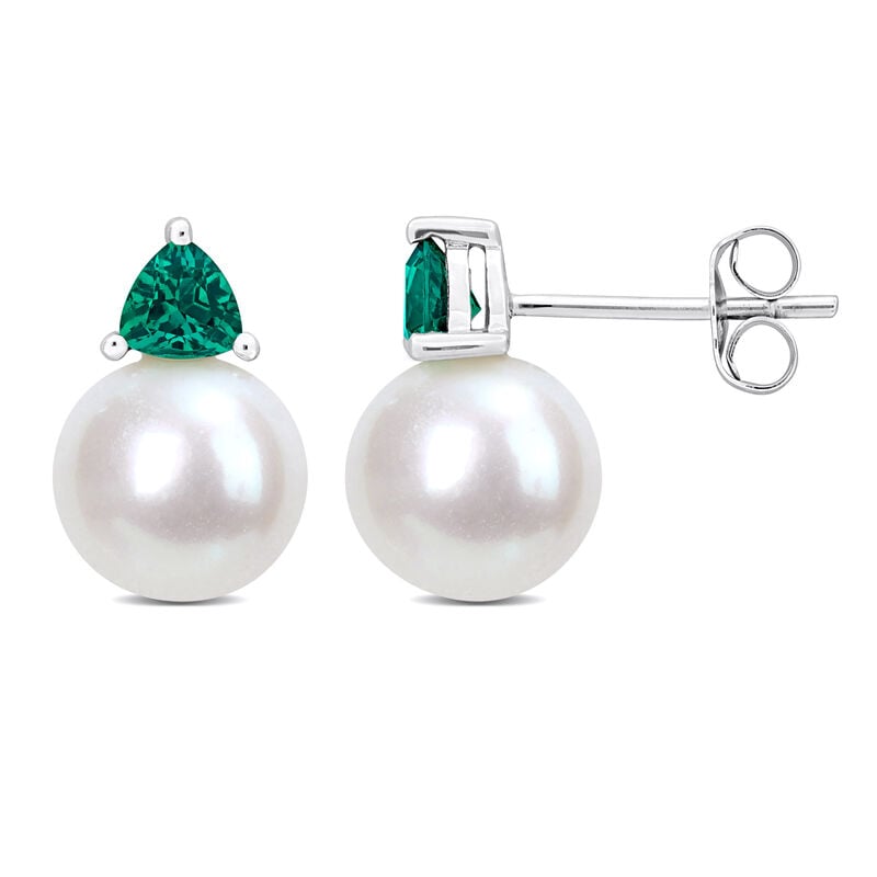 Created Emerald & Freshwater Cultured Pearl Stud Earrings in 10k White Gold image number null